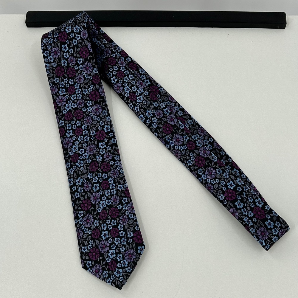 Mens‎ Floral Necktie Blue Purple Black Microfiber On the Town Wedding Tie